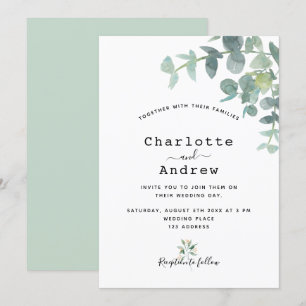 Invitación Greenery eucalipto boda blanca y elegante