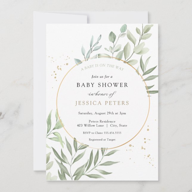 Invitación Greenery Eucalyptus Baby Shower (Anverso)
