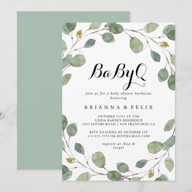 Invitación Greenery Eucalyptus BabyQ Baby Shower Barbecue (Anverso / Reverso)