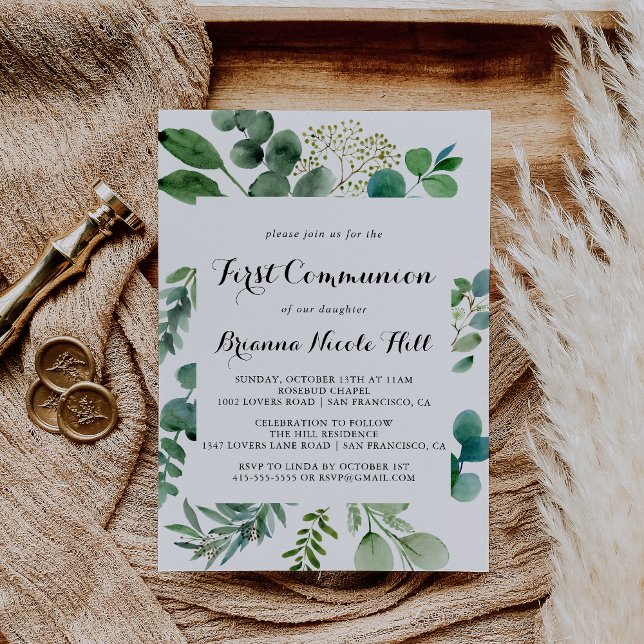 Invitación Greenery Eucalyptus Calligraphy First Community (Subido por el creador)