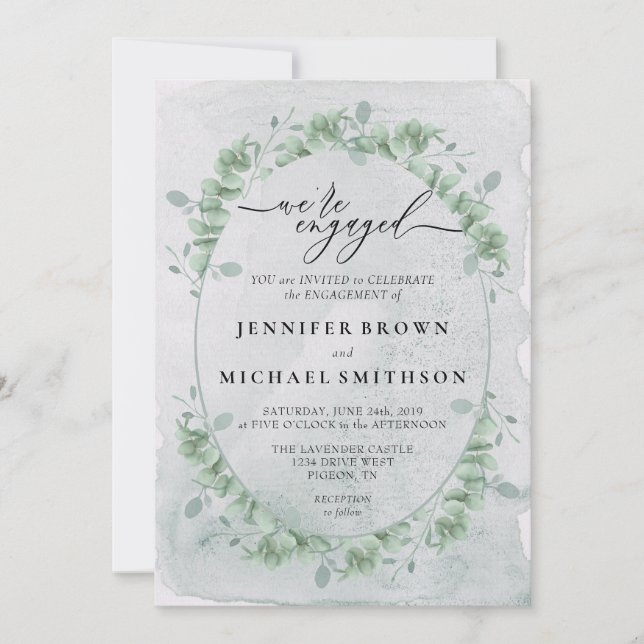 Invitación Greenery Eucalyptus Calligraphy Signature Engaged (Anverso)