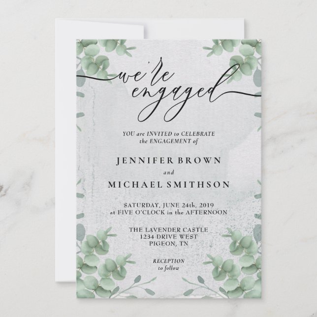 Invitación Greenery Eucalyptus Calligraphy We are engaged (Anverso)