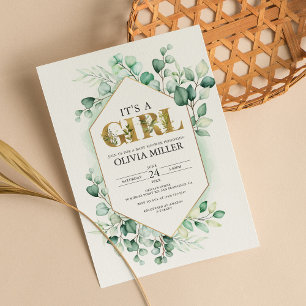 Invitación Greenery Eucalyptus Chica Baby Shower acuarela