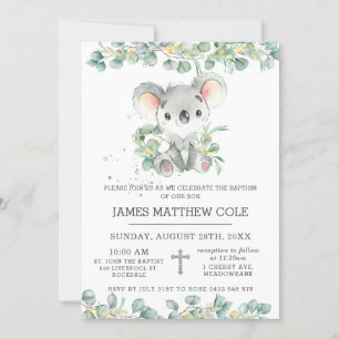 Invitación Greenery Eucalyptus Cute Koala Baptism Christening