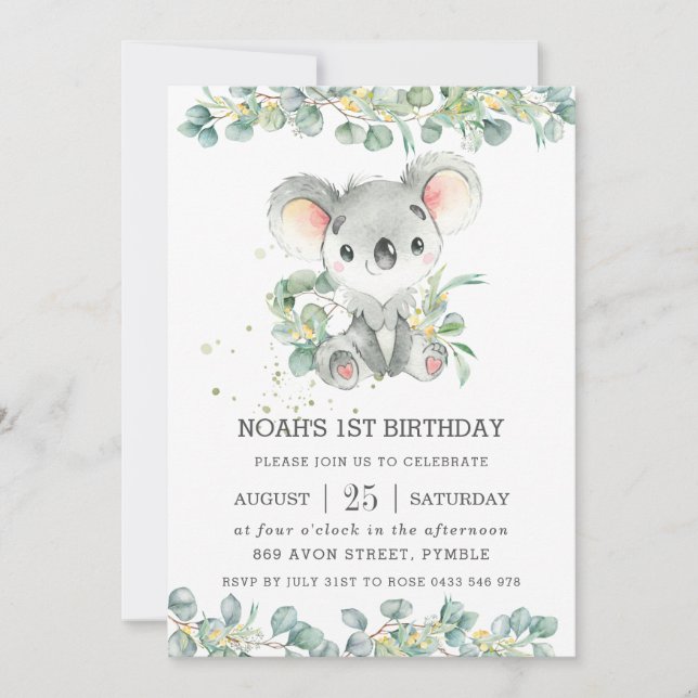 Invitación Greenery Eucalyptus Cute Koala Cumpleaños (Anverso)
