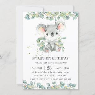 Invitación Greenery Eucalyptus Cute Koala Cumpleaños 