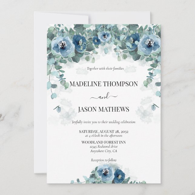 Invitación Greenery Eucalyptus Dusty Blue Floral Boda (Anverso)