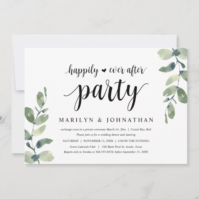 Invitación Greenery Eucalyptus, Fiesta de Elopement Boda (Anverso)