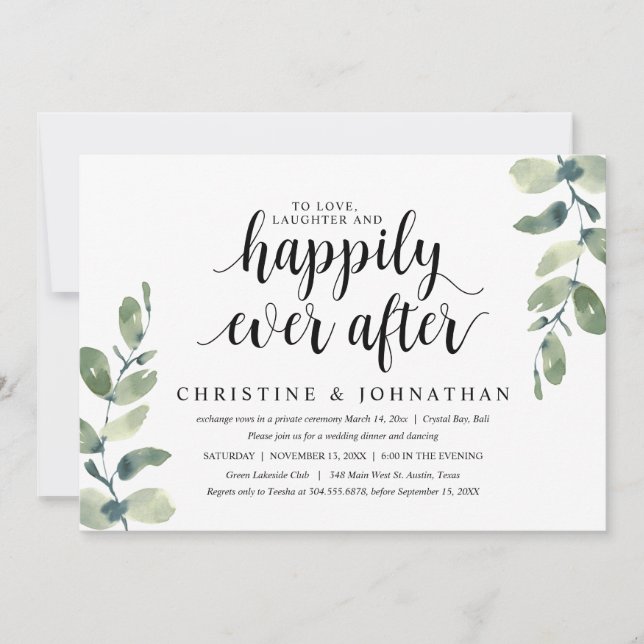 Invitación Greenery Eucalyptus, Fiesta de Elopement Boda (Anverso)