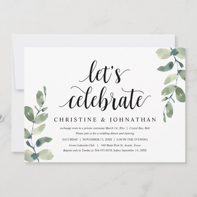 Invitación Greenery Eucalyptus, Fiesta de Elopement Boda (Anverso)