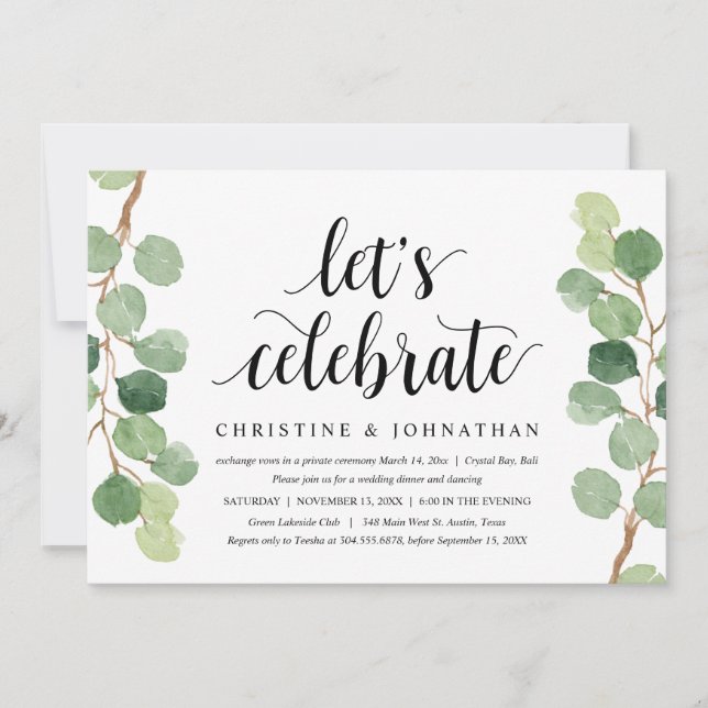 Invitación Greenery Eucalyptus, Fiesta de Elopement Boda (Anverso)