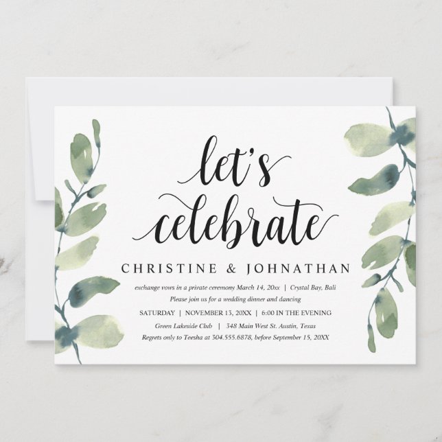 Invitación Greenery Eucalyptus, Fiesta de Elopement Boda (Anverso)