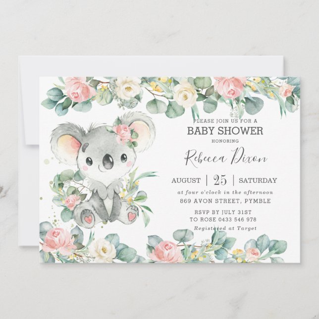 Invitación Greenery Eucalyptus Floral Koala Baby Shower Chica (Anverso)