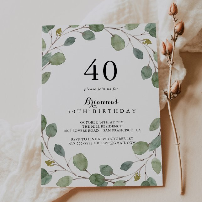 Invitación Greenery Eucalyptus Foliage 40.º Fiesta de cumplea (Subido por el creador)