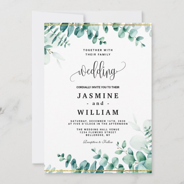 Invitación Greenery Eucalyptus Frameborder Boda (Anverso)
