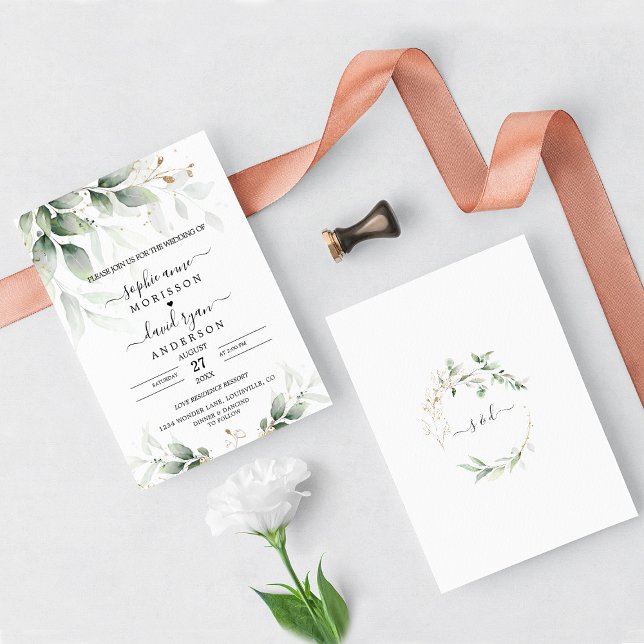 Invitación Greenery Eucalyptus Gold Calligraphy Boda (Subido por el creador)