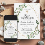 Invitación Greenery Eucalyptus Gold Geometric First Community<br><div class="desc">Celebre la Primera Comunión de su hijo con estilo con esta invitación Geométrica Eucalyptus Gold. El diseño geométrico moderno se complementa con el follaje natural de eucalipto, que le da un aspecto elegante y atemporal. Esta invitación es perfecta para los padres que quieren hacer especial la Primera Comunión de sus...</div>