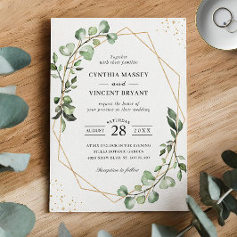 Invitación Greenery Eucalyptus Gold Geometric Frame Boda
