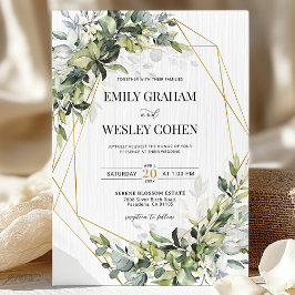 Invitación Greenery Eucalyptus Gold Geometric Wedding