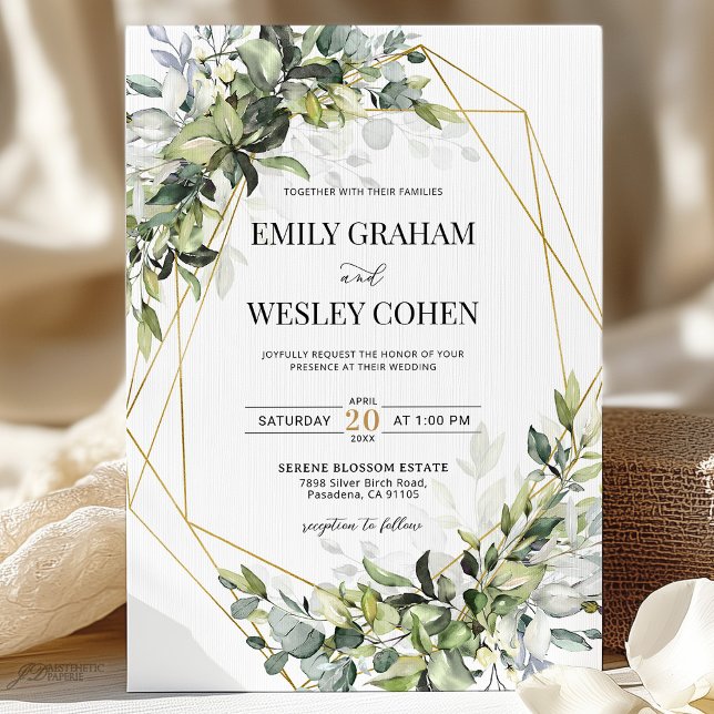 Invitación Greenery Eucalyptus Gold Geometric Wedding  (Subido por el creador)