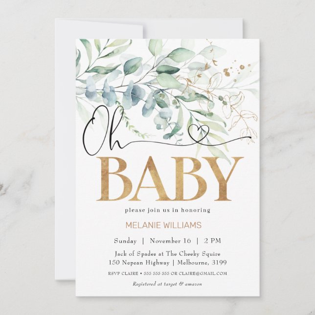 Invitación Greenery Eucalyptus Gold Oh Baby Baby Shower (Anverso)