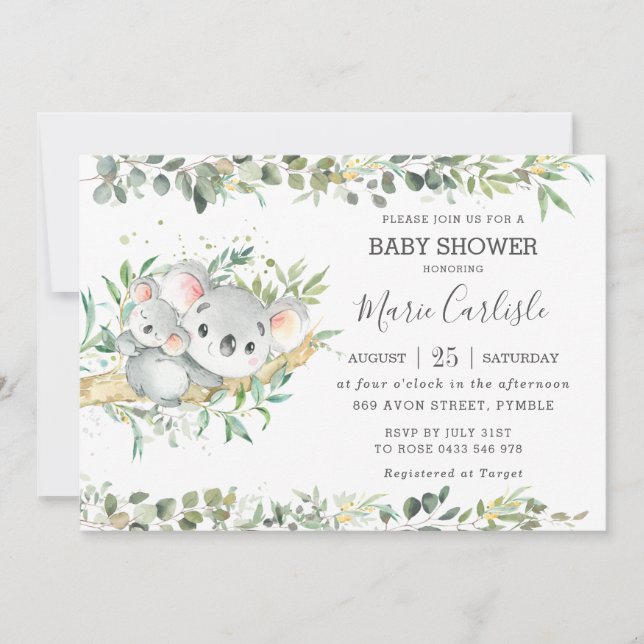 Invitación Greenery Eucalyptus Koala Neutral Baby Shower Boy (Anverso)
