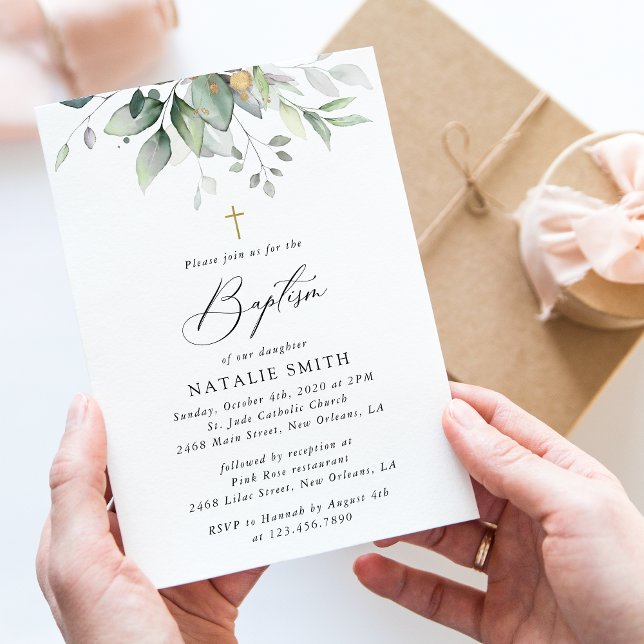 Invitación Greenery, Eucalyptus Leaves, Boho, Baptism (Subido por el creador)