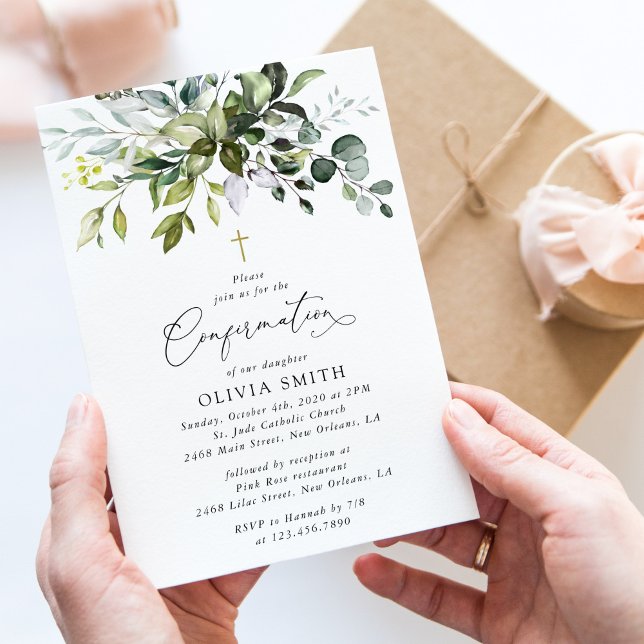 Invitación Greenery, Eucalyptus Leaves, Boho, Confirmation (Subido por el creador)