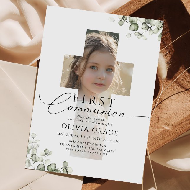 Invitación  Greenery Eucalyptus Photo  First Communion  (Subido por el creador)