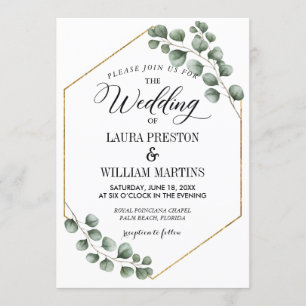 Invitación Greenery Eucalyptus Purpurina Boda geométrico