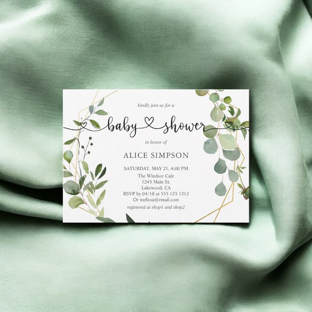 Invitación Greenery Eucalyptus Script Heart Baby Shower (Subido por el creador)