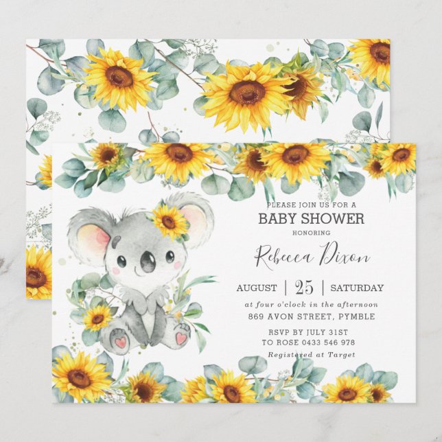 Invitación Greenery Eucalyptus Sunflower Koala Baby Shower (Anverso / Reverso)