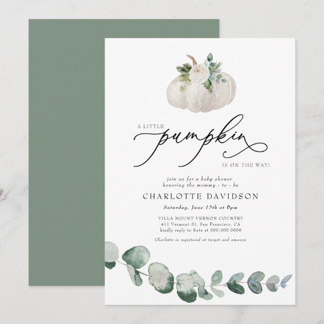 Invitación Greenery Eucalyptus White Pumpkin Boho Baby Shower (Anverso / Reverso)