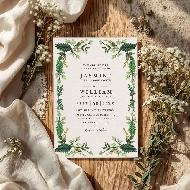 Invitación Greenery Evergreen Leaves Rustic QR Code Wedding (Subido por el creador)