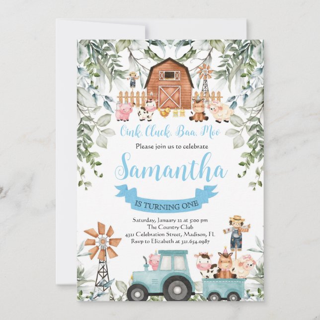 Invitación Greenery Farm Animals Barnyard Blue Boy Cumpleaños (Anverso)