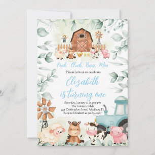 Invitación Greenery Farm Animals Barnyard Blue Boy Cumpleaños