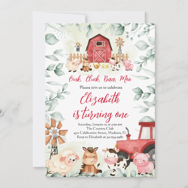 Invitación Greenery Farm Animals Barnyard Red Boy Cumpleaños (Anverso)