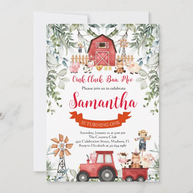 Invitación Greenery Farm Animals Barnyard Red Boy Cumpleaños (Anverso)