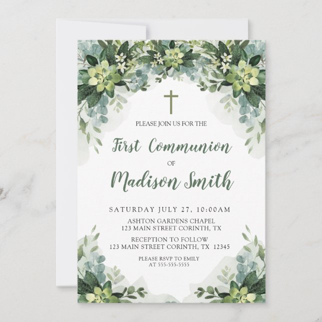 Invitación Greenery First Communion Invitation (Anverso)