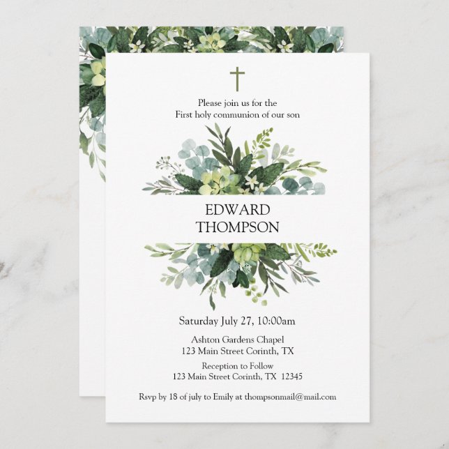 Invitación Greenery First Communion Invitation (Anverso / Reverso)