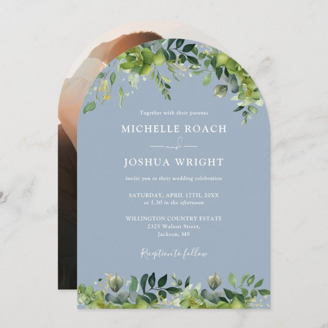Invitación Greenery Floral Arch Dusty Blue Photo Boda (Anverso / Reverso)