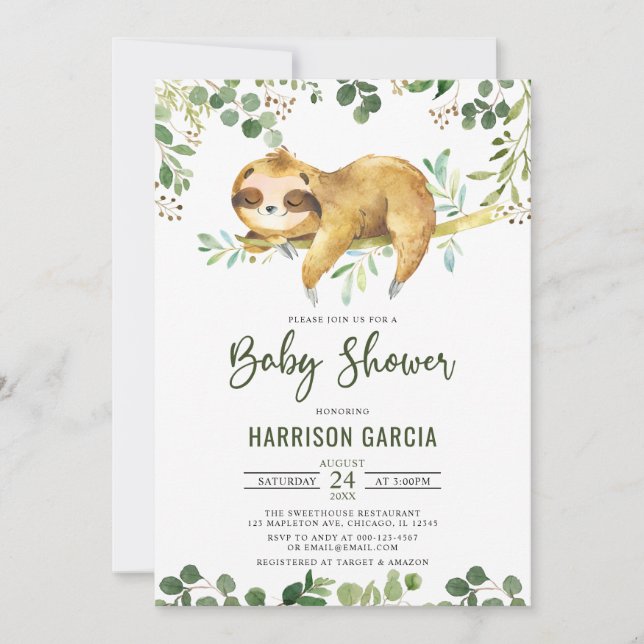 Invitación Greenery Floral Boy Cute Sloth Baby Shower (Anverso)
