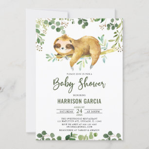 Invitación Greenery Floral Boy Cute Sloth Baby Shower