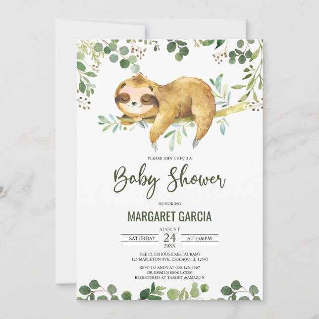 Invitación Greenery Floral Boy Cute Sloth Baby Shower (Anverso)