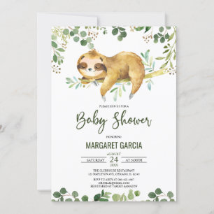 Invitación Greenery Floral Boy Cute Sloth Baby Shower