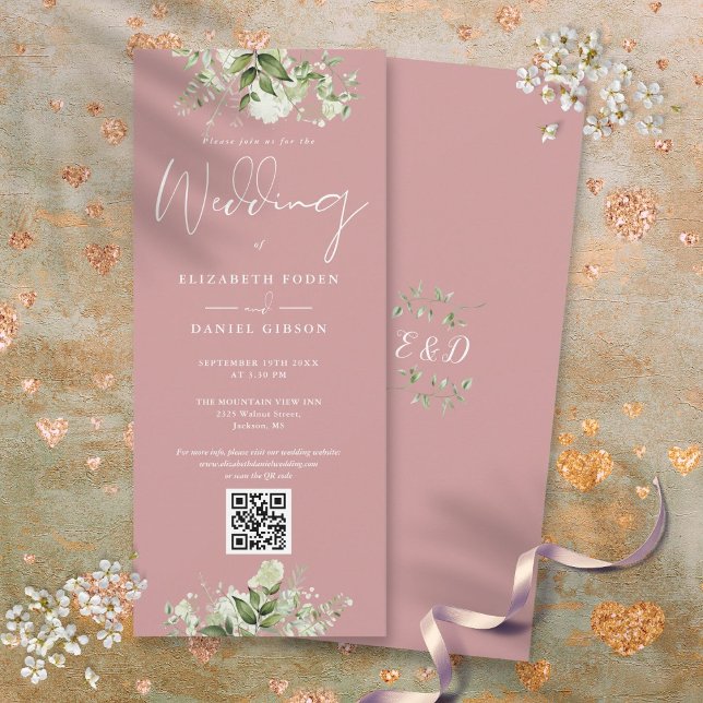 Invitación Greenery Floral Dusty Rosa QR Code Boda (Greenery Floral Dusty Rose QR Code Wedding Invitation)