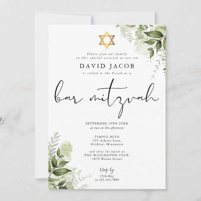 Invitación Greenery Floral Elegant Monogram Bar Mitzvah (Anverso)