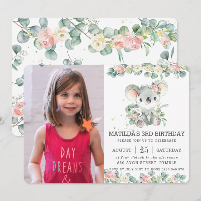 Invitación Greenery Floral Eucalyptus Koala Foto de cumpleaño (Anverso / Reverso)