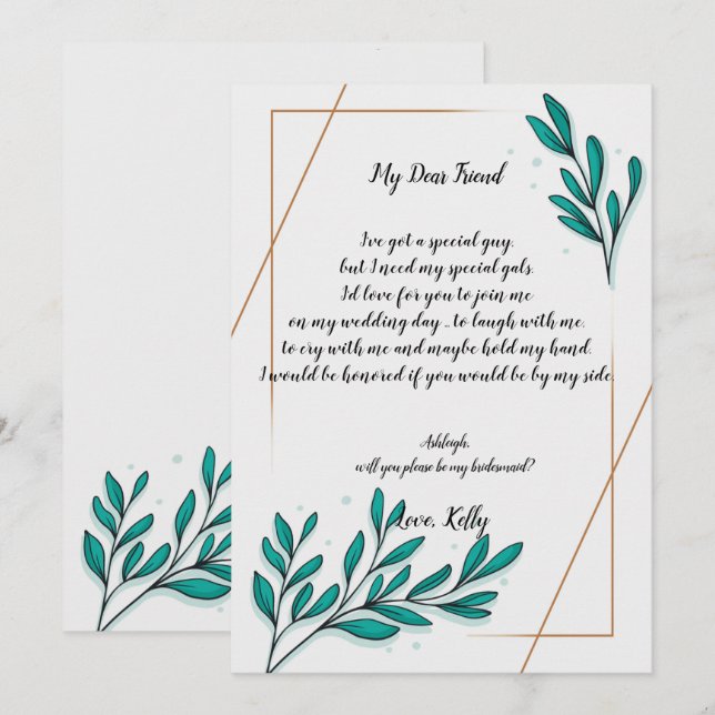 Invitación Greenery Floral Gold     Foilwill será mi dama de  (Anverso / Reverso)