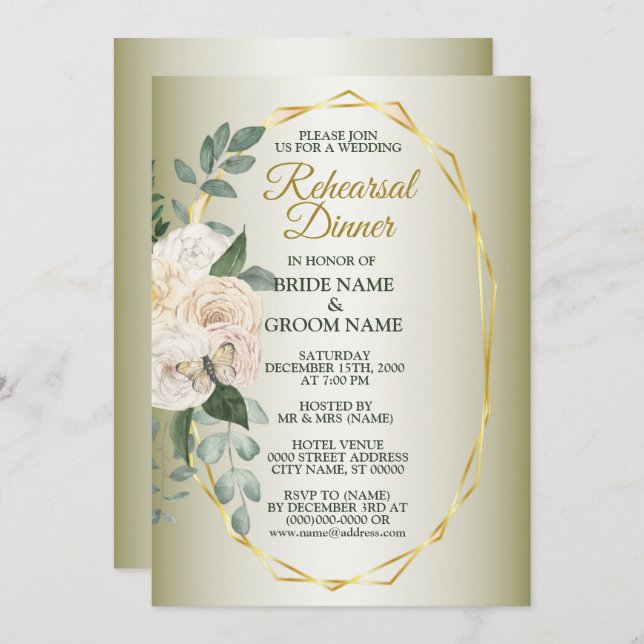 Invitación Greenery Floral Gold Geometric Rehearsal Dinner (Anverso / Reverso)